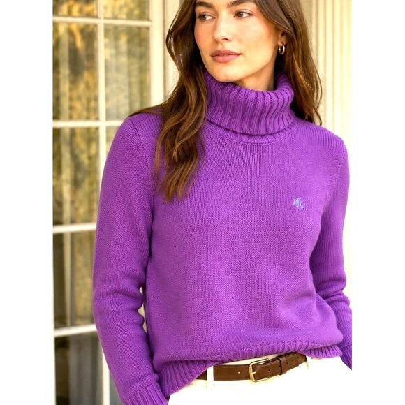 Lauren Ralph Lauren Sweaters - Lauren Ralph Lauren 90s Turtleneck Cotton Sweater Womens M Purple Knit Monogram